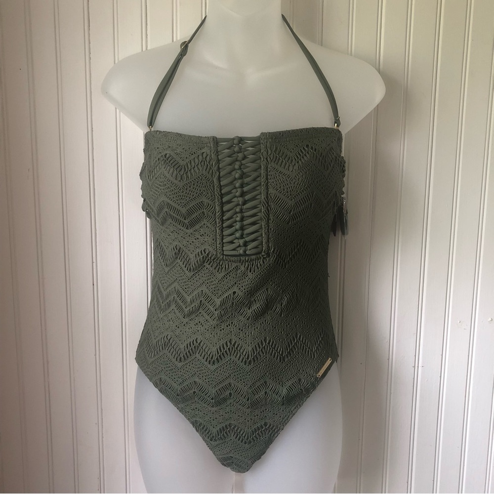 VINCE CAMUTO Retail $134 Crochet Bandeau One-Piece Swim Safari Green Size 6